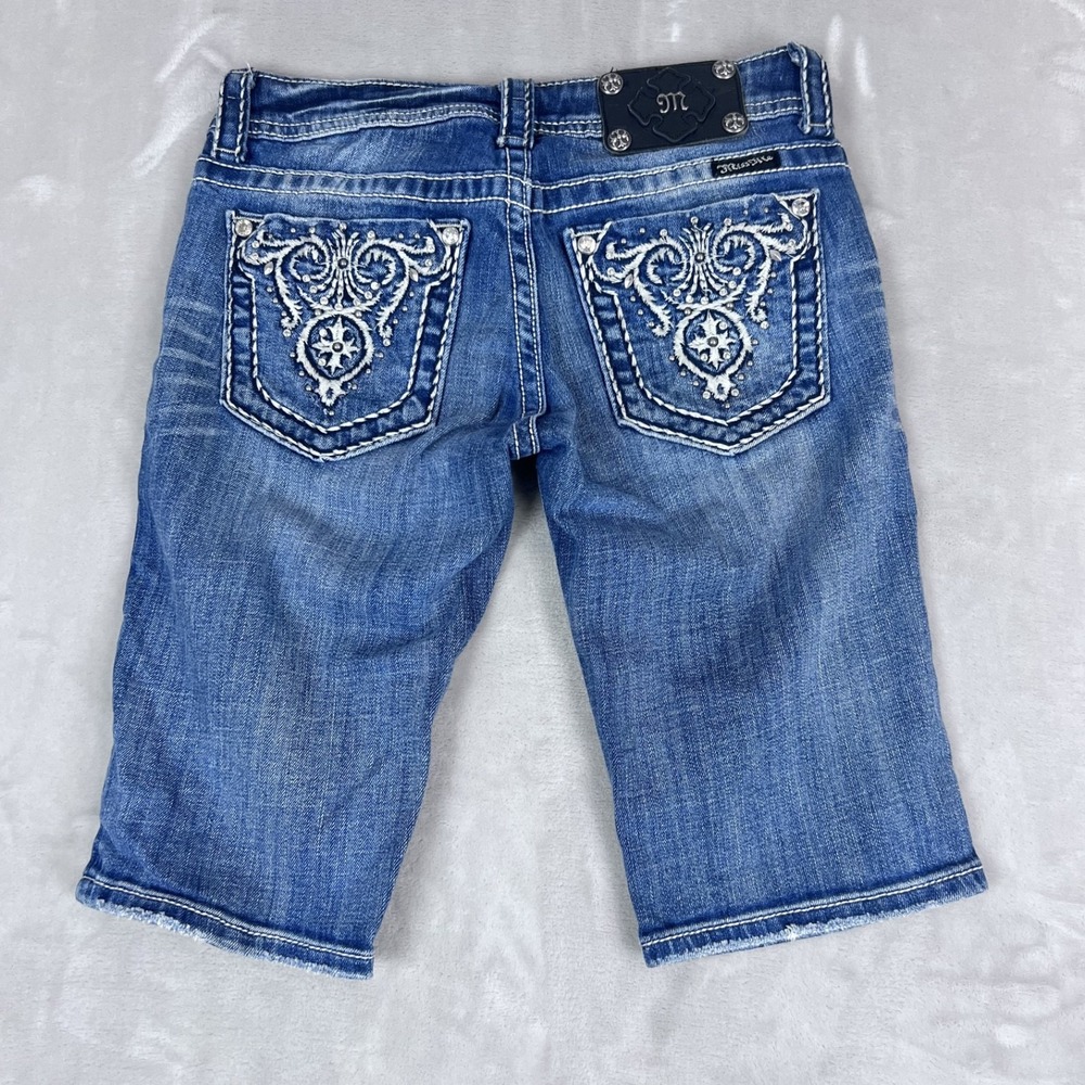 Y2K Miss Me Bermuda Shorts Womens 27 Blue Denim Low Rise Bling Western Rodeo